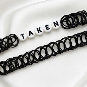 Stylish Black Elastic Bracelet Duo – 'TAKEN' Beaded Statement & Minimalist Weave